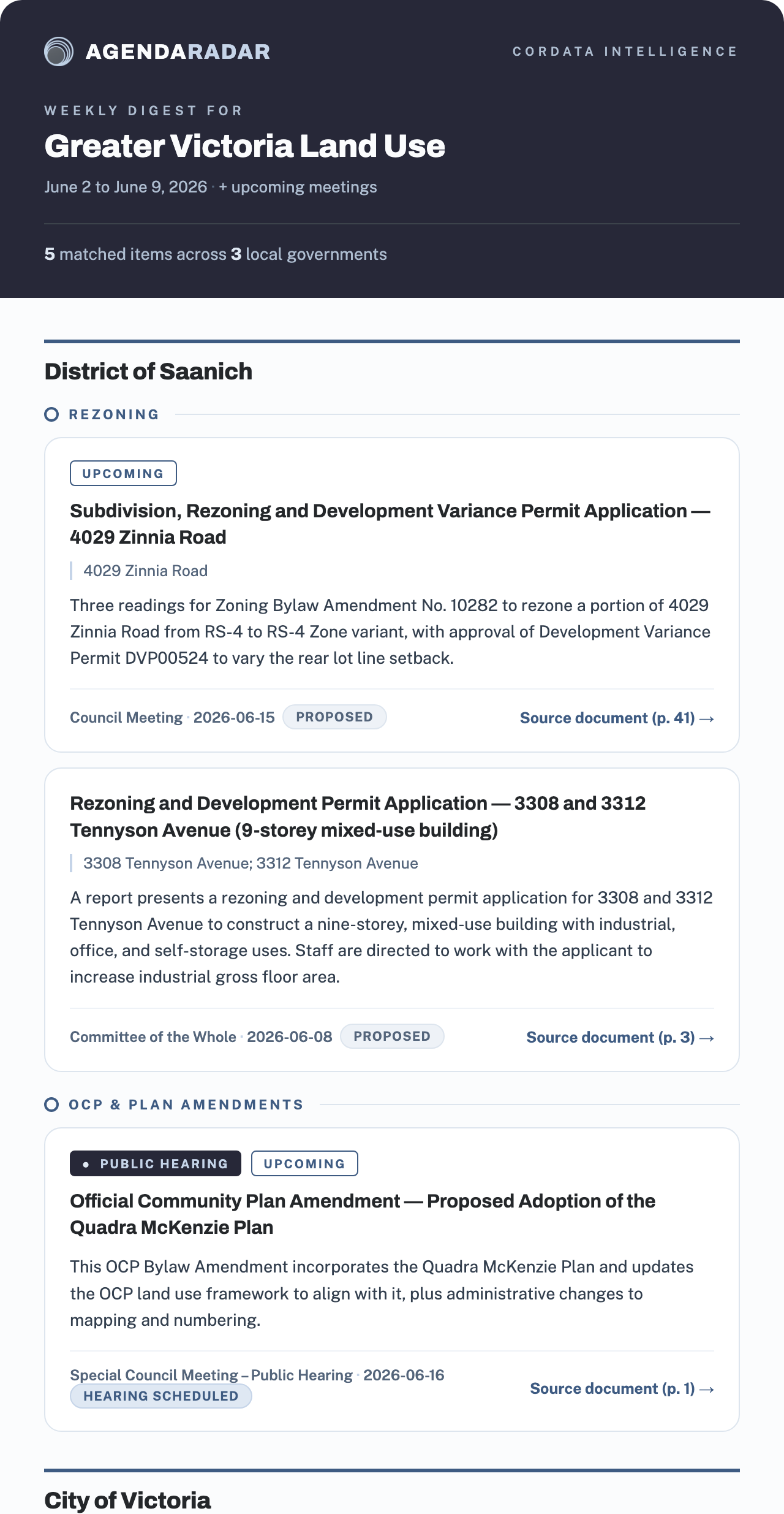 AgendaRadar weekly digest email: a dark masthead reading '5 matched items across 3 local governments', then District of Saanich rezoning items and a public-hearing OCP amendment, each with status badges, meeting dates, and source-document links